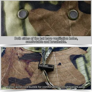 Detailed view of camo bucket hat featuring mesh ventilation holes and windproof cord buckle