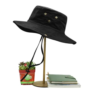 Black wide-brim sun protection bucket hat for men with an adjustable chin strap outdoor