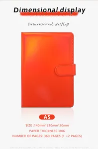 Detailansicht eines orangefarbenen A5-Laser-Leder-Notizbuchs mit 360 Seiten und Verschluss