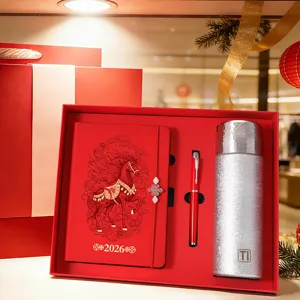 2026 Year of the Horse red business gift set with A5 notebook, pen, and silver thermos