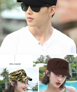 Lifestyle-Collage mit atmungsaktiven Baumwoll-Flachkappen in Schwarz und Camouflage-Optik