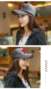 Vue détaillée de profil d'une casquette en laine grise avec patch étoile rouge sur modèle