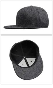 Vistas detalladas de una gorra de béisbol de lana gris con visera plana