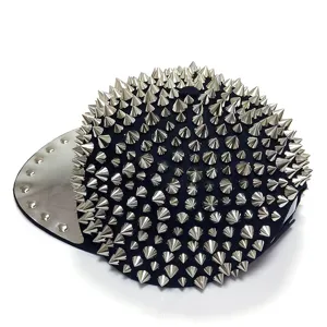 Street punk style hip hop snapback cap with full silver cone rivets and metallic brim