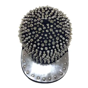 Street punk hip-hop baseball cap with full silver spikes and metallic flat brim
