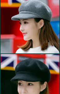 Detailed view of stylish gray and black wool newsboy hats for women in autumn winter