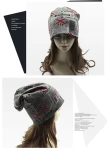 Hip-hop beanie met Union Jack en krantenprint in voor- en zijwaartse weergave
