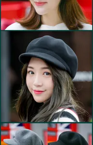 Close-up of a stylish black wool newsboy hat for women worn by an Asian model