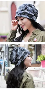 Detail view showing camouflage pattern and slouchy fit of the multi-use beanie