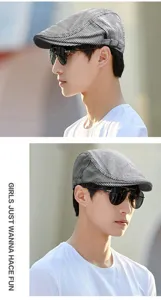 Men's retro striped flat cap ivy hat shown in profile and front views