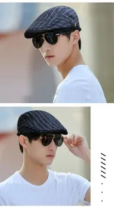 Detailed views of a striped retro navy beret cap on a model for casual summer style.