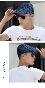 Side and front profile view of a retro blue striped flat cap worn by a male model