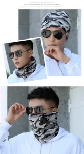 Detailed view of camo neck gaiter used as a face mask and beanie on a male model