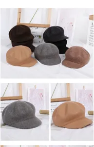 Detail view of wool newsboy caps in various colors for autumn and winter outfits