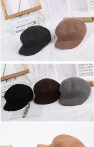 Detailed views of various colored wool newsboy hats displayed with artistic props on white