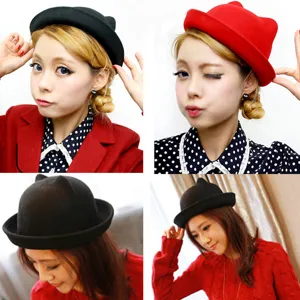 Chapeau melon à oreilles de chat pour femme en feutre de laine noir et rouge d'hiver