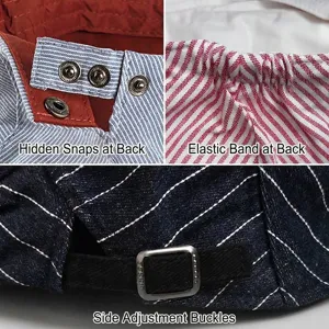 Detailed features of striped newsboy cap with adjustable buckles and elastic band
