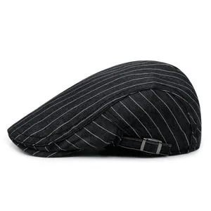 Classic black pinstripe flat cap for men and women retro ivy hat with adjustable buckle