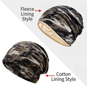 Versatile camouflage beanie neck gaiter showing fleece and cotton lining options