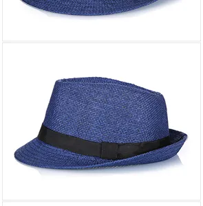 Blue woven paper straw fedora hat with black ribbon detail for summer sun protection.