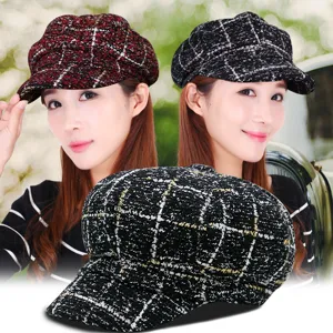 Gorra de Vendedor de Periódicos Retro a Cuadros para Mujer Sombrero de Pintor Octogonal para Otoño Invierno Boina Cálida de Mezcla de Algodón con Ala Corta