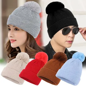 Berretto Invernale Unisex In Acrilico Cappello In Maglia Con Risvolto Termico Con Pom Pom Per Uomo Donna Bambini Genitore-Figlio Tinta Unita