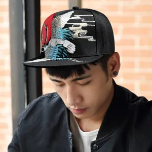 Schwarze Snapback-Mütze mit flachem Schirm und Kranich-Stickerei für Damen und Herren