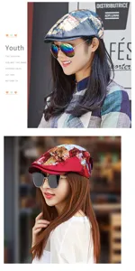 Close-up of fashionable women's ethnic style patterned beret hats shown in blue and red colors