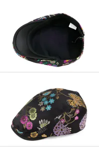 Detailed views of women's black flat cap featuring colorful floral embroidery and inner lining.