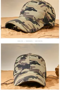 Vooraanzicht en zijwaartse details van een camouflage honkbalpet in een woestijnomgeving