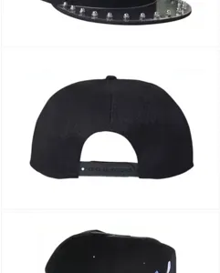 Viste dettagliate da più angolazioni di un cappello snapback punk nero con borchie.