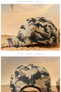 Detailopname van de zijkant en achterkant van een stijlvolle camouflage honkbalpet in de woestijn
