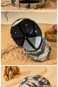 Gedetailleerd overzicht van camouflage baseballpet interieur en verstelbare riem.
