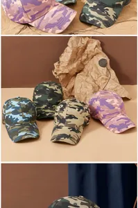 Gedetailleerd overzicht van camouflage honkbalpetten in diverse kleuren voor zonbescherming