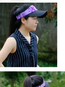 Side view of a woman wearing a purple camouflage and polka dot sun visor outdoors