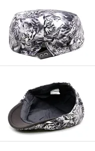 Detailed view of tiger print beret showing inner lining and adjustable buttons.