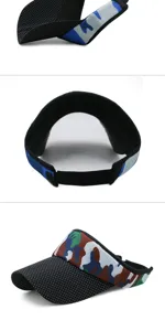 Detailed views showing the camouflage pattern and polka dot brim of this outdoor visor hat