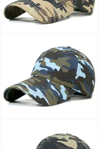 Gedetailleerde weergave van camouflage baseballpetten in blauwe, groene en woestijnpatronen.