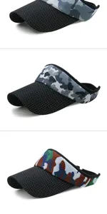 Selection of camouflage polka dot sun visors in three distinct outdoor color patterns