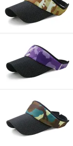 Detail view of camouflage polka dot sun visors in various colors for outdoor sports