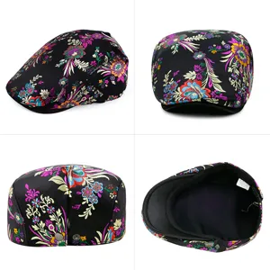 Women's ethnic style floral embroidery peaked cap beret featuring adjustable back snap