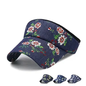 Floral pattern denim blue sun visor hat for outdoor summer shading and activities