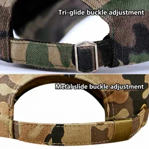 Detail van camouflage honkbalpet met verstelbare schuif- en koperen gespsluitingen.