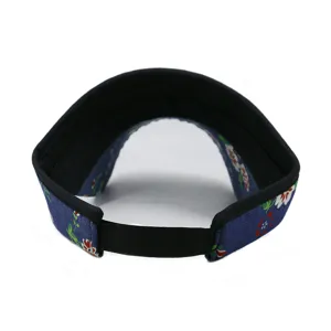 Back view of a blue floral pattern sun visor with adjustable black strap for summer