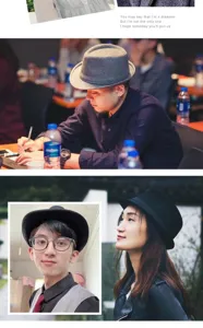 Detailed lifestyle shots of unisex wool felt fedora hats in a vintage British style.