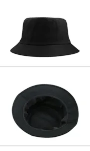 Detailed view of a large black bucket hat with stitched brim and internal sweatband