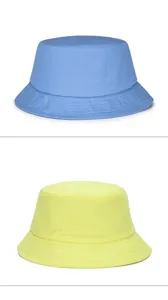 Detailed view of blue and yellow cotton bucket hats designed for outdoor sun protection