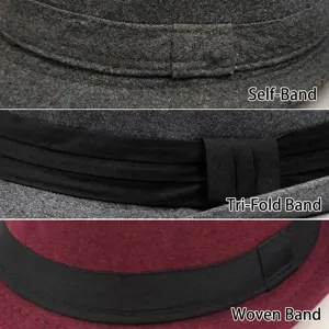 Comparison of wool fedora hat band styles: self-fabric, triple-fold, and woven bands.