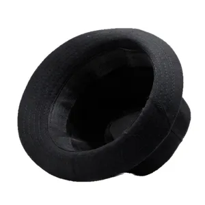 Internal view of a vintage black wool felt jazz hat showing stitching and lining.