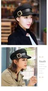 Classic women's black wool navy hat with a stylish gold buckle and leather visor